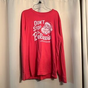 Mens Life is Good Long Sleeve Red Santa Tee Size M